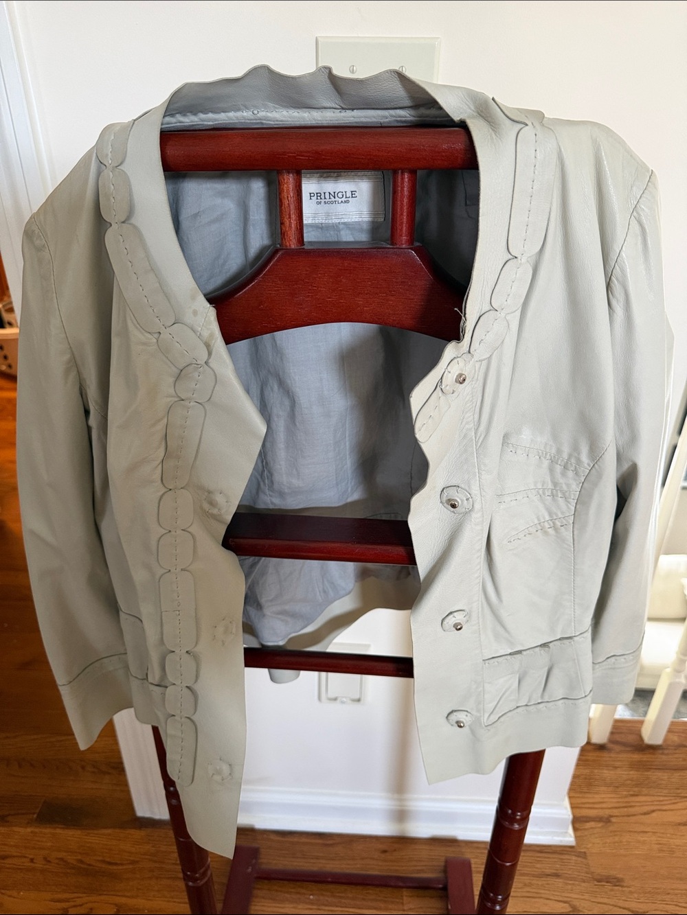 Pringle Pale Gray Leather Blazer with Scalloped Trim